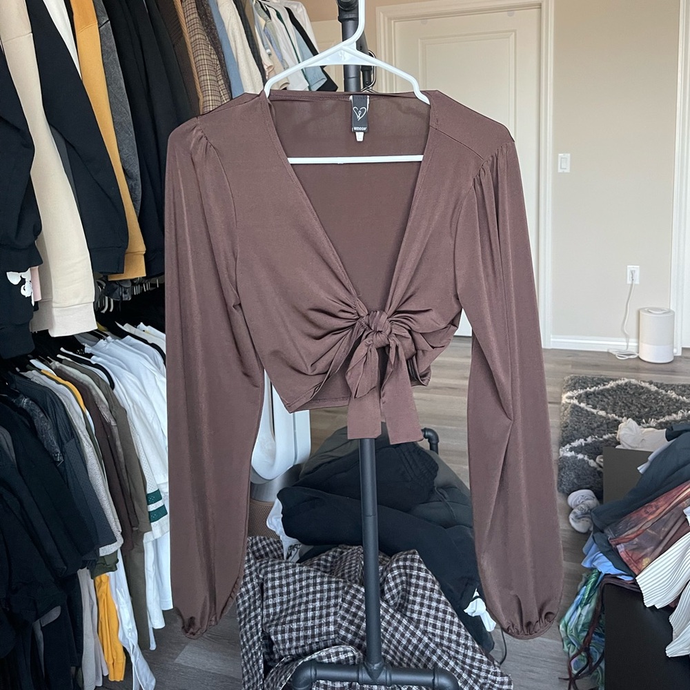 Brown Tie-Front Long Sleeve Top